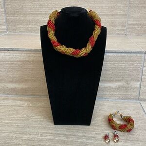AFRICAN JEWELRY Set Gold Red Braided Beads Necklace Bracelet Earrings Orange